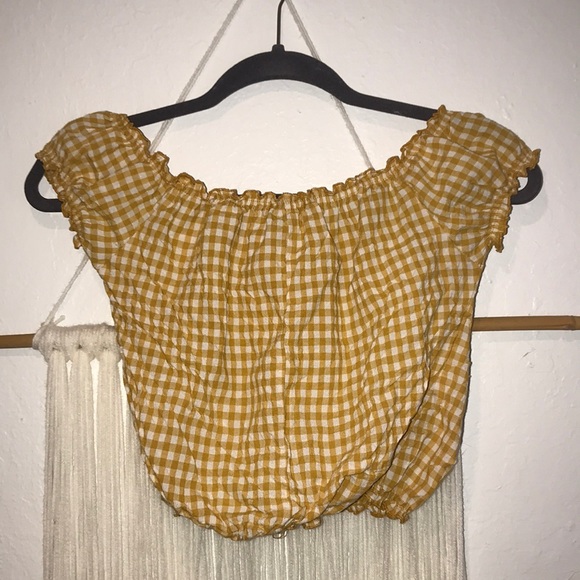 yellow gingham print off the shoulder top - Picture 2 of 3